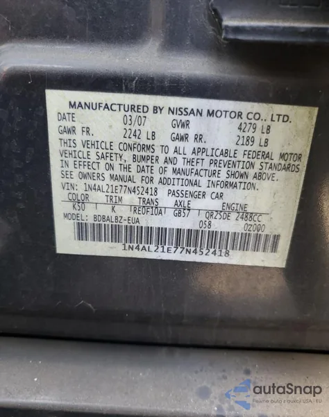 2007 Nissan Altima 2.5 из США, поврежденный, VIN 1N4AL21E77N452418